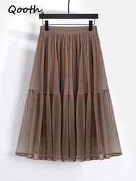 Qooth Falda de malla de hadas para mujer elegante cintura alta Color sólido pastel largo tul Aline QT2066 QT2138 240112