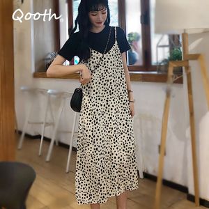 Qooth femmes coréen japon Style mode robe Kawaii Spaghetti sangle robes léopard imprimé mi-mollet tenue décontractée QT013 210518