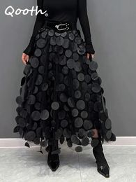 Qooth femmes à pois conception 3D Tulle maille jupe Vintage taille élastique longue Aline Tutu QT2176 240112