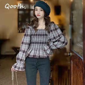 Qooth Chemisier à carreaux en vrac pour femmes Automne Manches longues Étudiant Check Blouses Casual Vintage Lady Tops Chemise Kaki Tops QT126 210518