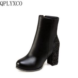 Qplyxco Nouvelle vente russes Boots de cheville chauds grandes petites taille 31-50 femmes bottes courtes bling zipper talons hauts chaussures de mariage t3-2