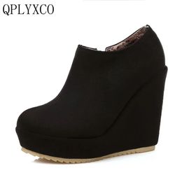 QPlyxCo Nuevo primavera otoño invierno gran tamaño 32-43 botas de tobillo para mujeres botas cortas cuñas súper altas de 12 cm zapatos de dama c212
