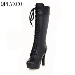 Qplyxco plus nieuwe mode klein grote formaat 31-45 vrouw laarzen herfst winter warme veter hoge hakken lange bota's dames schoenen m-20
