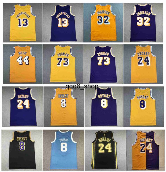 qq8 Wilt Chamberlain Lakers Basketball Jersey Los Johnson Angeles Bryant Jerry West Dennis Rodman Mitchell et Ness Throwback Maillots Violet Jaune Taille S-XXL