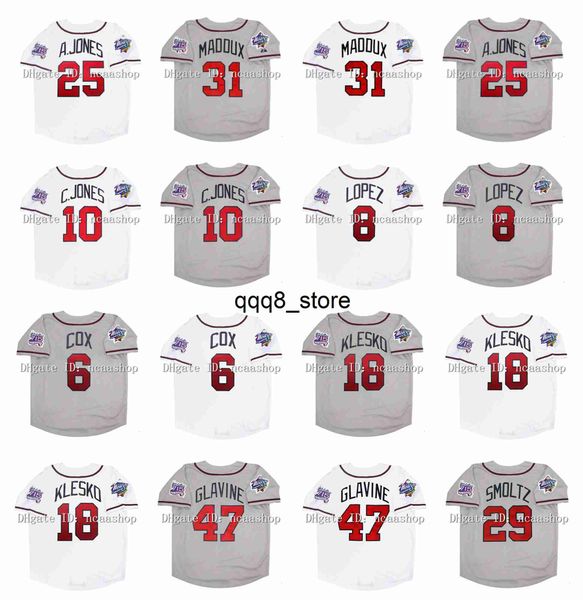 qq88 Vintage 1990 World Series Baseball Jersey Chipper Jones Andruw Jones Greg 31 Maddux Javy Lopez Bobby Cox Ryan Klesko Tom Glavine John Smoltz Blanc Gris Taille S-XXXL