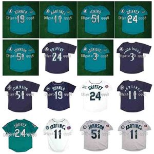 qqq8 air01 1994 1997 Retro 24 Ken Griffey Jr. Jersey 3 Alex Rodriguez 19 Jay Buhner 51 Ichiro Suzuki 11 Edgar Martinez gestikt groen wit grijs blauw