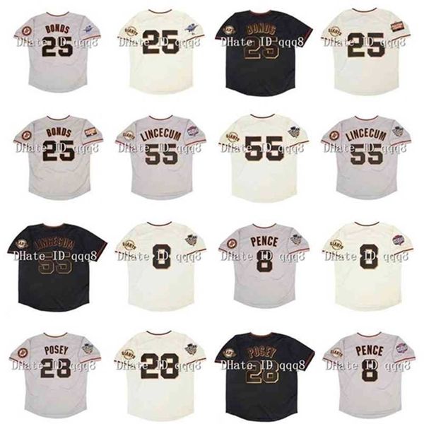 qqq8 Air01 2002 Rétro 25 Barry Bonds Jersey 55 Tim Lincecum 8 Hunter Pence 28 Buster Posey 2010 2012 WS Patch 2007 All Star Vintage Baseball Maillots
