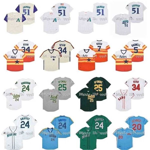 qqq8 Air01 Vintage Baseball Jersey 51 Randy Johnson 24 Jr. Ken Griffey Jr 34 Nolan Ryan 7 Craig Biggio 5 Jeff Bagwell 24 Rickey Henderson Jersey Mark