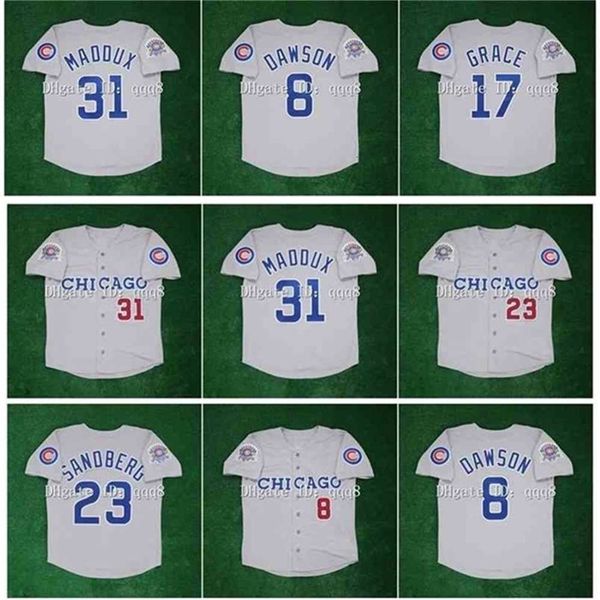 qqq8 Air01 Maillots de baseball vintage Greg 31 Maddux 23 Ryne Sandberg 8 Andre Dawson 17 Mark Grace 1990 All Star Patch Jersey gris