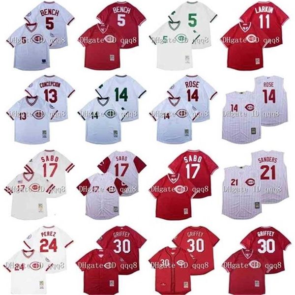 qqq8 Air01 Vintage Cincinnati Jersey Pete Rose Ken Griffey Jr Johnny Bench Barry Larkin CHRIS SABO Dave Deion Sanders Perez Concepcion Retro Baseball