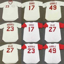 QQQ8 C202 17 Chris Sabo 23 Hal Morris 27 Jose Rijo 49 Rob Dibble Baseball Jersey Men Vrouwen Jeugd genaaid