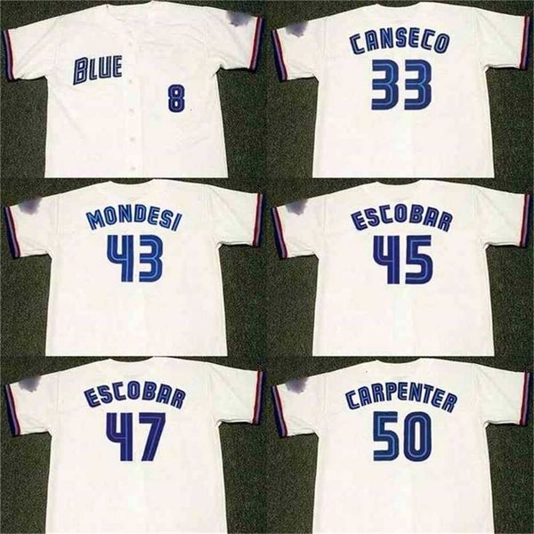 qqq8 C202 Hommes 33 JOSE CANSECO 43 RAUL MONDESI 50 CHRIS CARPENTER 45 KELVIM ESCOBAR 47 KELVIM ESCOBAR 1999 Maillot de Baseball