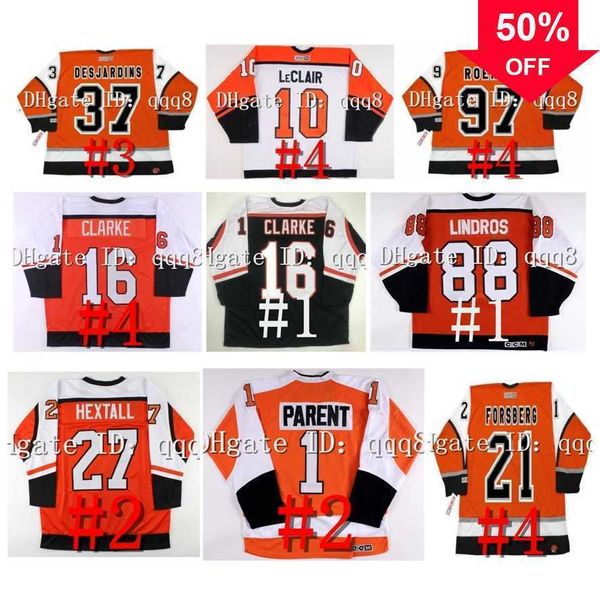 qqq8 College Hockey porte le maillot de hockey rétro des Flyers vintage Na85 JOHN LeCLAIR ERIC DESJARDINS PELLE LINDBERGH RICK TOCCHET Bobby Clarke PETER FO