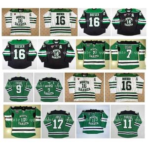 qqq8 Dakota del Norte Fighting Sioux Jerseys 11 Zach Parise 9 Jonathan Toews 16 Brock Boeser 7 T.j. Camiseta de hockey Oshie 17 Tyson Jost verde blanco