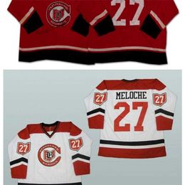 qqq8 Vintage Cleveland Barons Jersey 27 Gilles Meloche Blanc Rouge Couture Chandails De Hockey Personnalisés