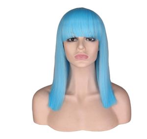 Qqxcaiw korte pruik neat bang bob stijl rechte vrouwen meisjes cosplay party kostuum lichtblauw 40 cm synthetisch haar pruiken