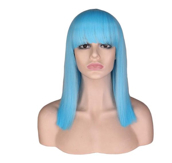 QQXCAIW perruque courte soignée Bang Style Bob droite femmes filles Cosplay fête Costume bleu clair 40 Cm perruques de cheveux synthétiques