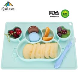 Qshare Bébé Plats Silicone Plaque bébé Plaque Bols Enfants Vaisselle Titulaire De Titulaire de la nourriture Plateau Enfants Conteneur Set de conteneur pour l'alimentation 211026