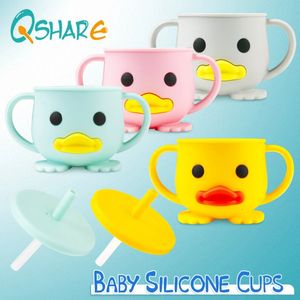 Qshare Baby Siliconen Voeden Cups Kinderen Leren Rietje Mokken Draagbare Drinkware Peuters Water met Deksel Handvat 240320