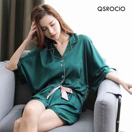 QSROCIO Conjunto de pijamas de mujer de alta calidad Moda Color sólido Ropa de dormir Seda como ropa de dormir Ocio Ropa para el hogar para el verano 210901