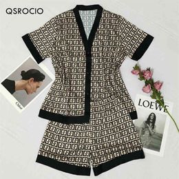 QSROCIO Ensemble pyjama de luxe pour femme avec lettres croisées imprimées à manches courtes, vêtements de nuit en soie comme vêtements de loisirs pour la maison Nightwea290S