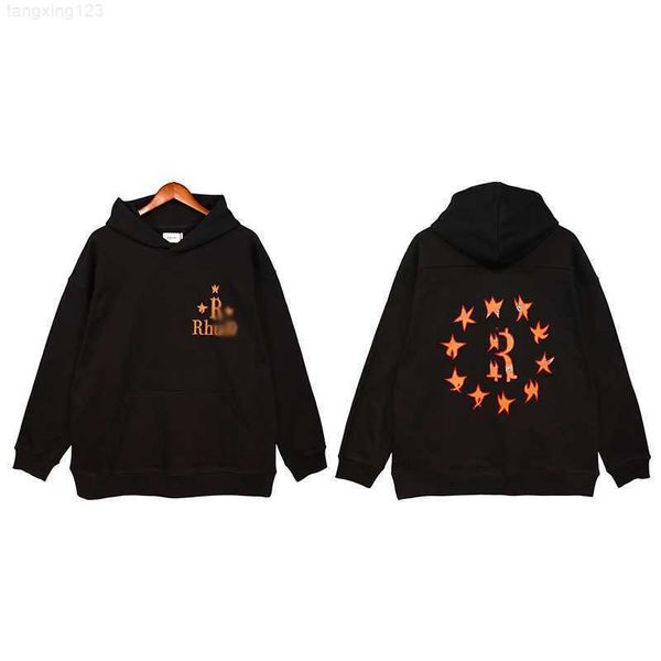 Qtgn 2023 Nuevas sudaderas con capucha para hombre Sudaderas con capucha North American High Street Brand Rhude Otoño Invierno Diseño de moda Sense Minority Rib Knitted Cotton Sudadera con capucha negra