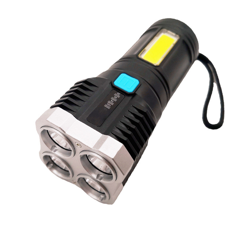 Linterna LED de cuatro núcleos, luz fuerte, recargable por USB, foco multifuncional para exteriores superbrillante