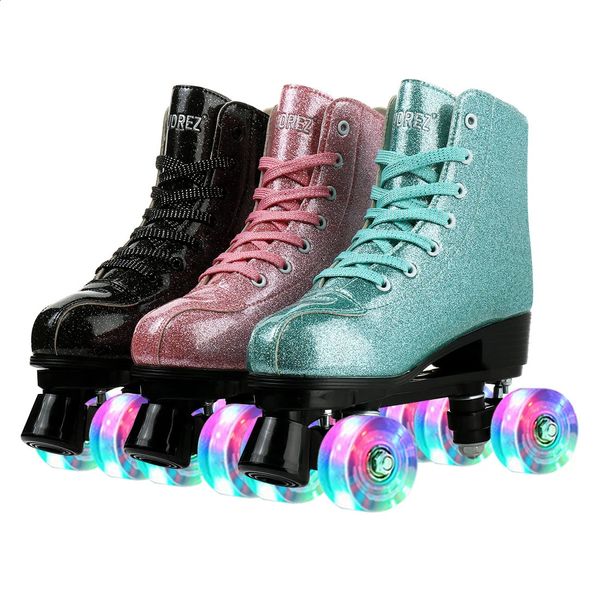 Quad Roller Skates Baskets 4 Roues PU Chaussures Femmes Grils Cuir Artificiel Débutant Shine Led Light Skating Blink Style Chaussures 240312