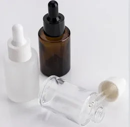 Kwaliteit van 30 ml glazen fles platte schouder mat/transparante/barnsteen ronde etherische olie serumflessen met glazen druppelaar cosmetische reisflessen