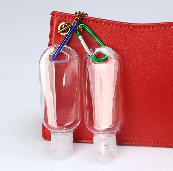 Bouteilles de désinfectant pour les mains vides de qualité 50ML bouteille rechargeable d'alcool avec crochet porte-clés extérieur Portable clair bouteille de Gel Transparent