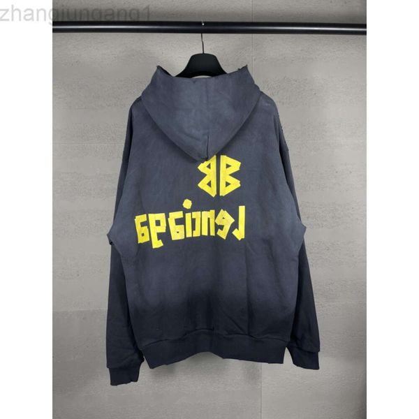 Quality BalenciGaas B Bananagalies BB High Designer Hoodie Home Paris 2023 Nouvelle impression de bande jaune usée Eau de lavage usée Pull à sweat à capuche WO6J