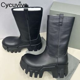 Qualité en cuir noir plate-forme mi-mollet bottes femmes fond épais chaussures à talons hauts femme bottes automne cheville moto bottes