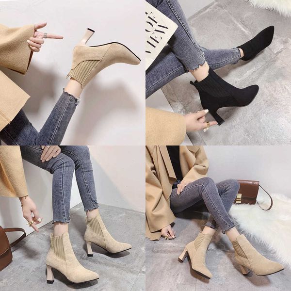 Bottes de qualité à talons hauts épais, manches courtes, tissage élastique, noir, une étape nue, nouvelle mode automne/hiver