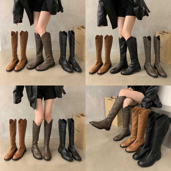 Bottes de qualité à talon épais marron, bouche en V, manches mi-longues, chaussures longues pour femmes, nouvelle collection automne-hiver, droite, polyvalente Knight