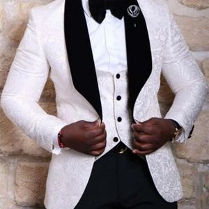Kwaliteit Kostuum Bruidsjonkers Sjaal Revers Smoking Rood Wit Zwart Mannen Pakken Bruiloft Man Blazer (Jas + Broek + Tie + Vest) 220514
