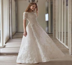 Kwaliteit Aangepaste zomer kanten trouwjurken Seethrough Bateau Aline Bridal Lange mouw bruiloft baljurk Vloerlengte D9417837