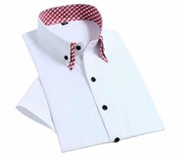 Qualité Diamd hommes chemise à manches courtes bout à bout blanc formel solide Plaids Dr chemises rabattu Slim Fit décontracté Camisa Masculina 84mm #