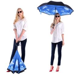 Paraguas plegable inverso de calidad, 52 estilos, doble capa, mangos largos invertidos, paraguas para lluvia a prueba de viento para coche, paraguas con mango C