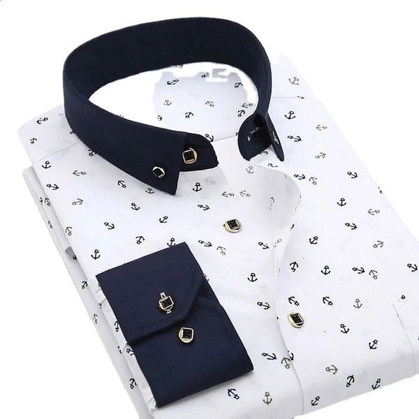 Qualité Formal White Spring Men Shirts Casual Mens Shirt Imprimé Brand Bouton Collier Slim Fit Floral Social Man Shirt 240326