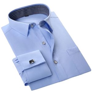 Camisa con gemelos franceses de calidad para hombre, esmoquin de manga larga, marca masculina, corte entallado, puños con botones blancos, camisas de vestir sociales para hombres 240115