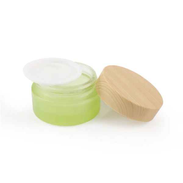 Bottiglia di vetro verde smerigliato di qualità Vaso per crema Spray Lozione Pompa Bottiglie Contenitore cosmetico 20 ml 30 ml 40 ml 60 ml 80 ml 100 ml 120 ml con coperchi in legno imitato