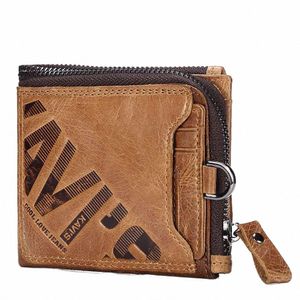 Calidad de cuero de cuero genuino billetera nueva marca caliente zipper man monedero vintage de cuero de cuero de vaca bolso de monedas con cadena IR u4fn#