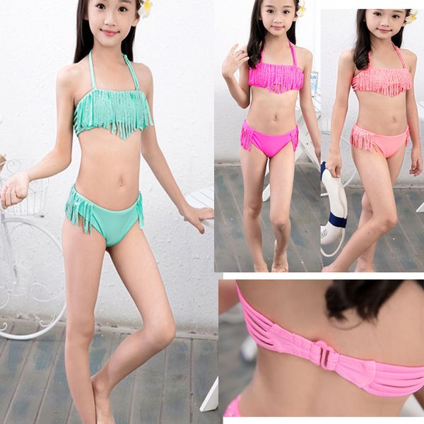 Qualité deux pièces enfants maillots de bain Bikini filles maillot de bain bébé jupe à rayures robes épaule moins princesse 2 pièces enfants vêtements de plage 7-16Y YY017