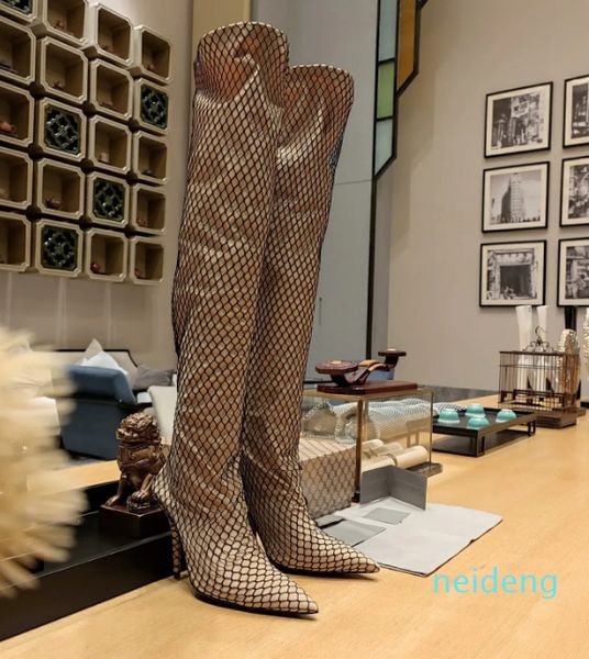 Qualité de luxe Nouveau design femmes sur les bottes au genou super haut talon bout pointu bottes extensibles sexy maille pêchée dames bottes longues chaussures