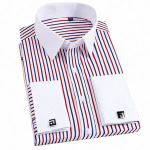 Qualité Hommes Casual Slim Fit Chemise Hommes Lg Manches Busin Dr Chemises Boutons De Manchette Français Chemise Mâle Chemise Rayée Y78r #