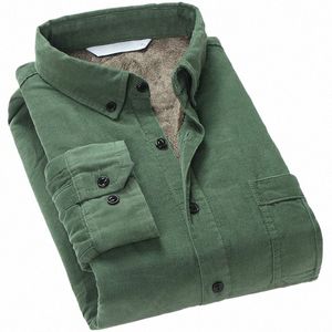 Kwaliteit Heren Cott Corduroy Warm Wintershirt Dikke fleecevoering Thermisch shirt LG mouw dieptepuntshirt Heren wintershirts x8FT#