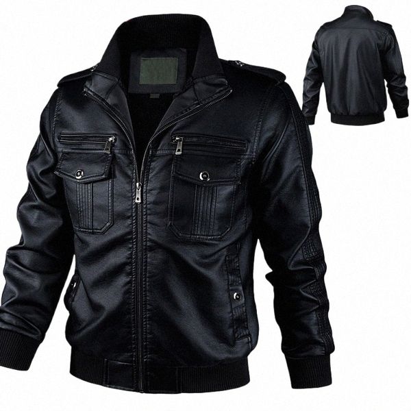 Chaqueta de cuero de imitación de motocicleta de calidad Hombres Otoño Invierno Zip Up PU Abrigo de cuero Cortavientos Chaqueta de cuero para hombres Ropa exterior Biker J4k4 #