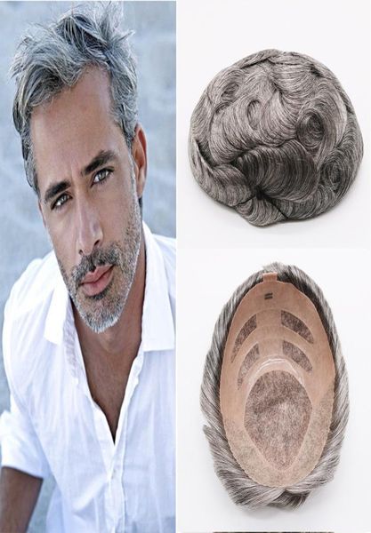 Qualité naturel brun gris Mono dentelle toupets postiches attachés à la main cheveux humains remplacement toupets hommes wigs9679427