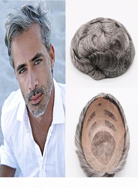 Qualité naturel brun gris Mono dentelle toupets postiches attachés à la main cheveux humains remplacement toupets hommes wigs6823514