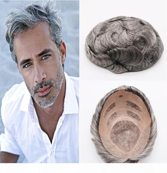 Qualité naturel brun gris Mono dentelle toupets postiches attachés à la main cheveux humains remplacement toupets hommes wigs7355705